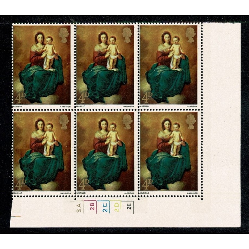 1967 Christmas 4d. Cyl. 3A 2B 2C 2D 2E  no dot block of six. SG 757