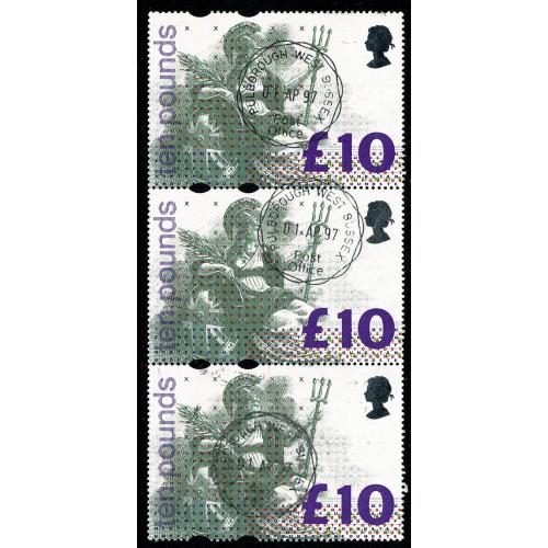 £10 Britannia. Fine used strip of three.