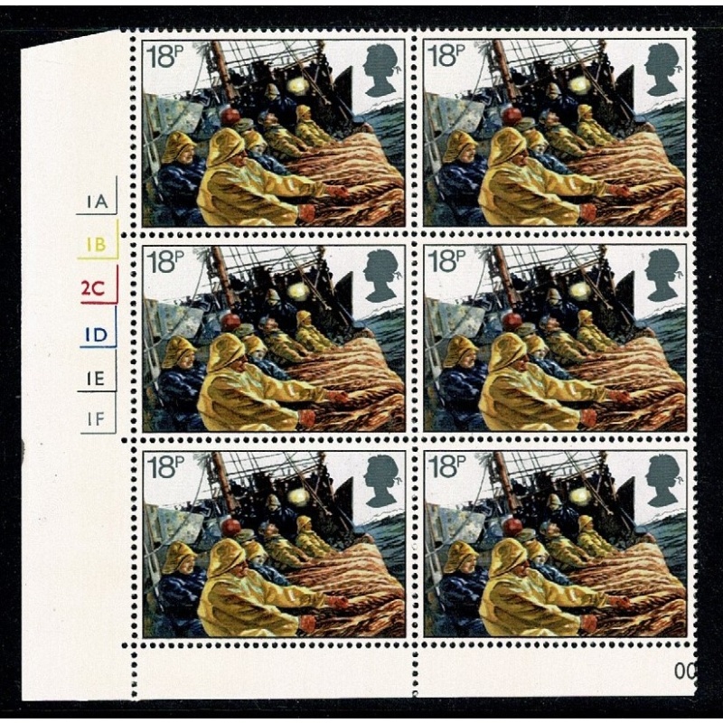 1981 Fishing 18p Cyl. 1A 1B 2C 1D 1E 1F no dot block of six. SG 1167