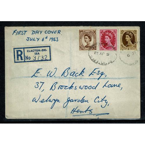 1953 5d, 8d, 1/- values on registered envelope First Day of issue 6th July 1953