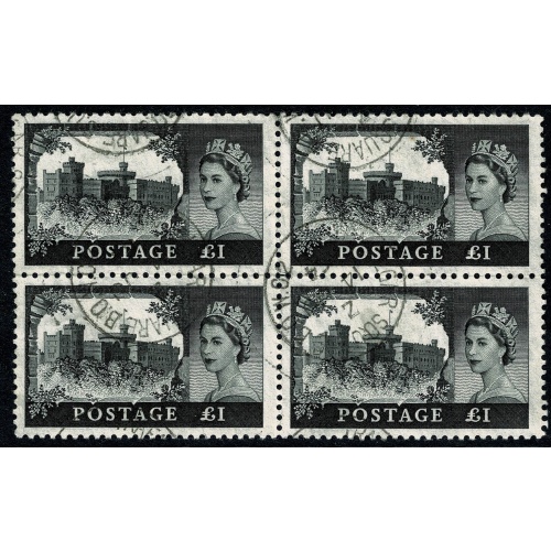 1963 £1 Black Bradbury Wilkinson. Multiple crowns watermark. SG 598a. Fine used block of four.