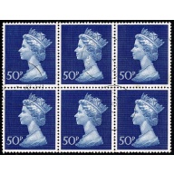 1970 50p ultramarine. SG 831. Fine used block of six.