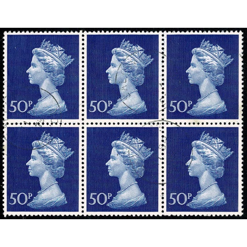 1970 50p ultramarine. SG 831. Fine used block of six.