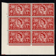 1953 Coronation. Cyl 2 dot  block of 6. SG 532