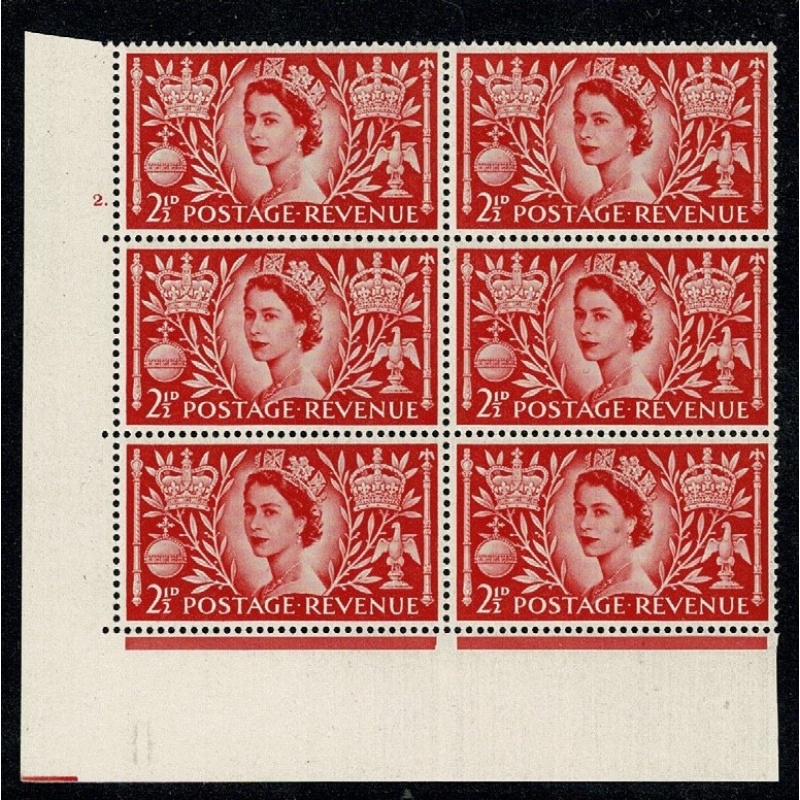 1953 Coronation. Cyl 2 dot  block of 6. SG 532
