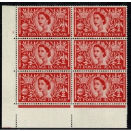 1953 Coronation. Cyl 3 dot  block of 6. SG 532