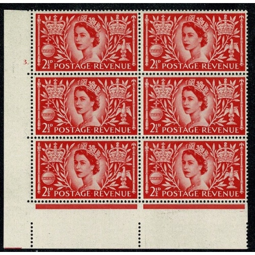 1953 Coronation. Cyl 3 dot  block of 6. SG 532