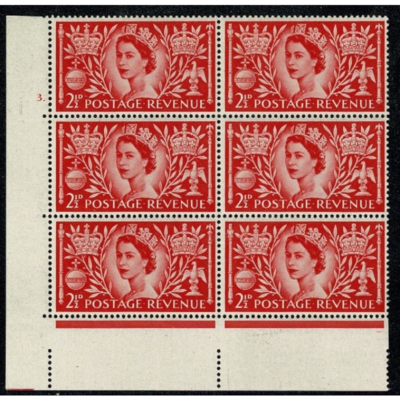 1953 Coronation. Cyl 3 dot  block of 6. SG 532