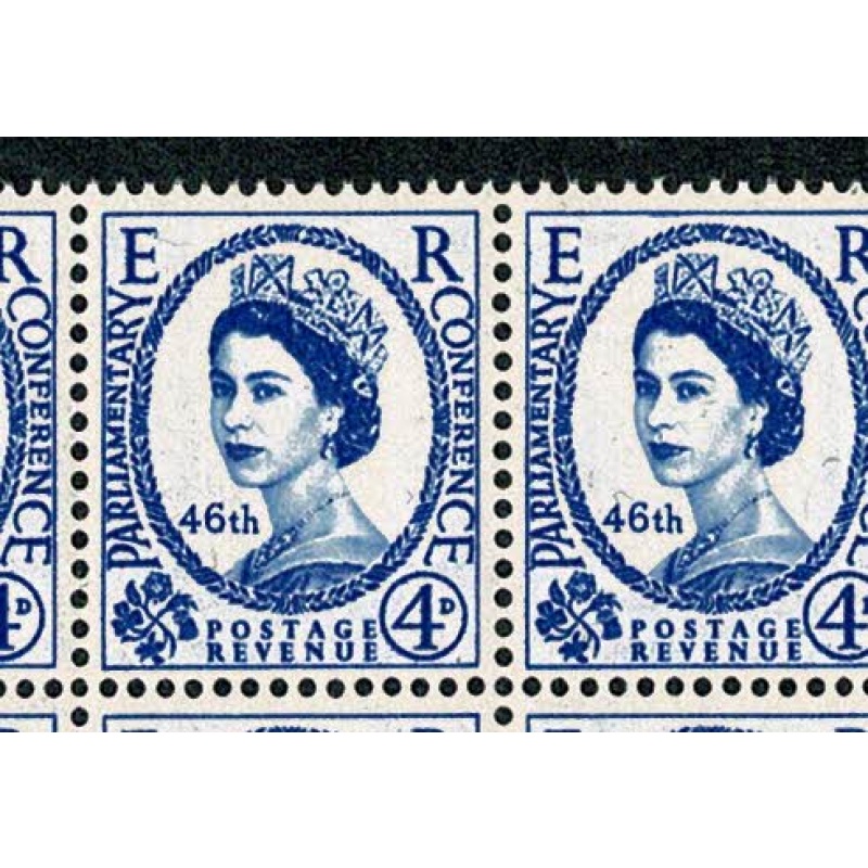 1957 Parliament 4d. Listed variety "partially doubled frameline". SG Spec. W8c