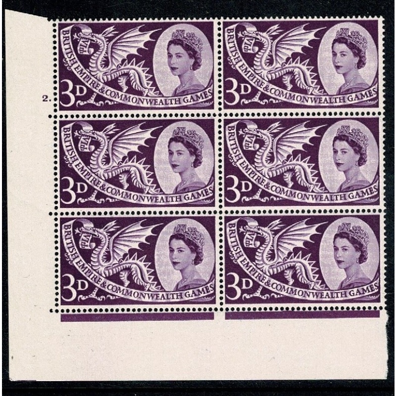 1958 Games 3d. Cyl 2 dot block of six. SG 567