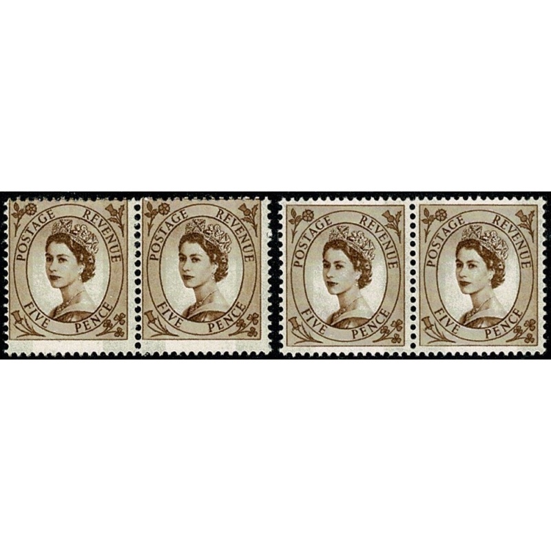 1967 5d brown 2B Wmk Multiple Crowns . PERFORATION SHIFT pair. SG 616c var