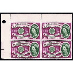 1960 Europa 6d. Listed constant variety "broken diadem" positional block. SG 621 var. Spec. W14a