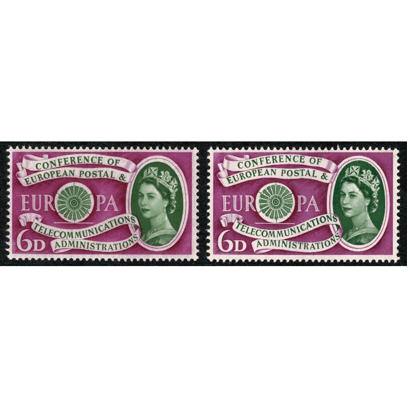 1960 Europa 6d.  Red-purple colour "Suffused" appearance. SG 621