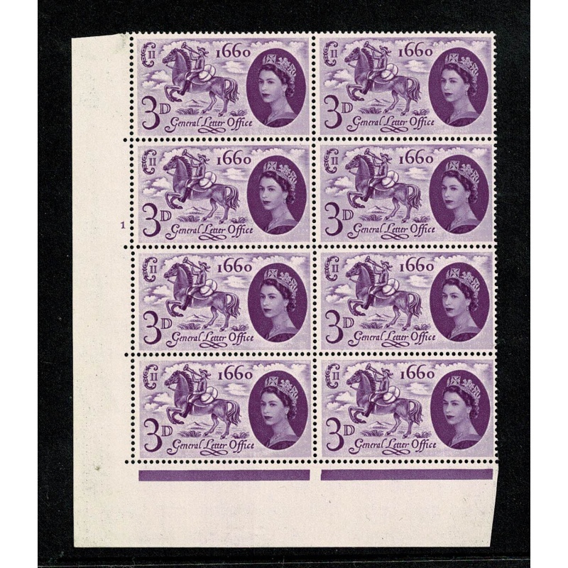 1960 General Letter Office 3d. Listed variety "broken mane" Cylinder block of eight. SG 619a