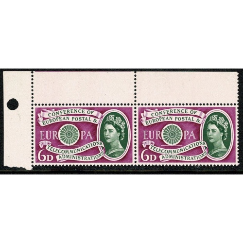 1960 Europa 6d. Listed constant variety "broken diadem" positional pair. SG 621 var. Spec. W14a