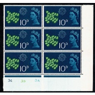 1961 C.E.P.T. 10d Cylinder 3G 3D 3A no dot block of six. SG 628