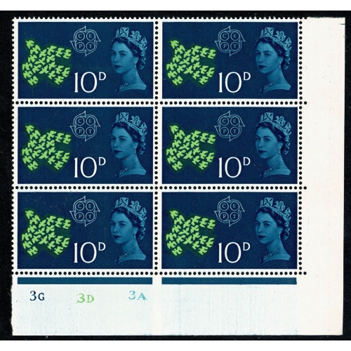 1961 C.E.P.T. 10d Cylinder 3G 3D 3A no dot block of six. SG 628