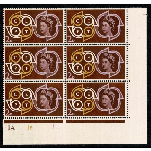 1961 C.E.P.T. 2d Cylinder 1A 1B 1C no dot block of six. SG 626