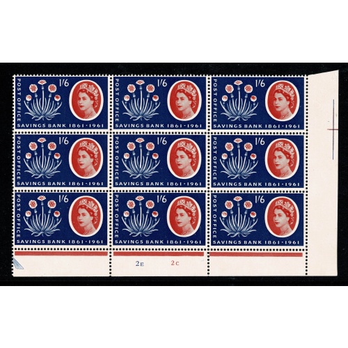 1961 P.O.S.B 1/6. Cylinder 2E 2C Perf Type C (I/P) block of nine. SG 625A
