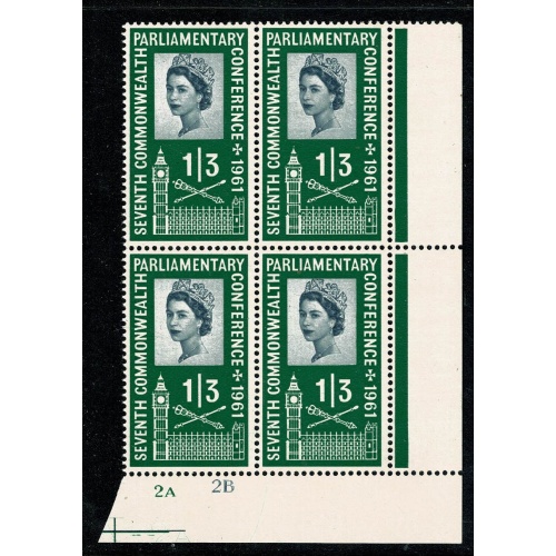 1961 Parliament 1/3 Cylinder 2A 2B  Perf Type B  block of four. SG 630