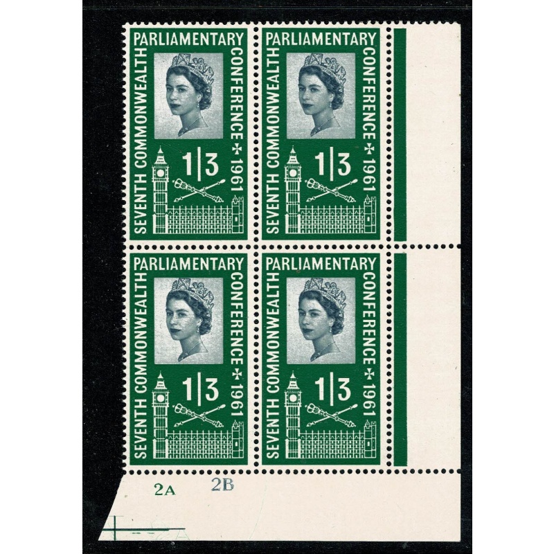1961 Parliament 1/3 Cylinder 2A 2B  Perf Type B  block of four. SG 630
