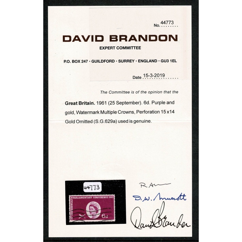 1961 Parliamentary Conference 6d MISSING GOLD. Rare used single. With Certificate. SG 629a