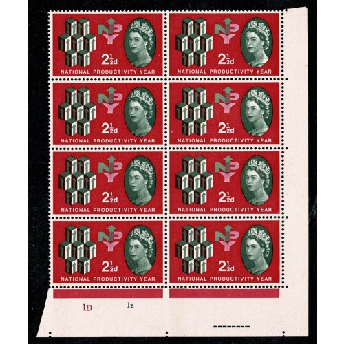 1962 NPY 2½d (phos). Cylinder block of 8 with good constant variety.