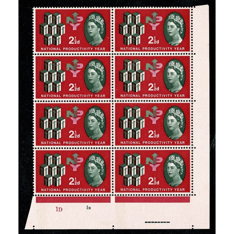 1962 NPY 2½d (phos). Cylinder block of 8 with good constant variety.
