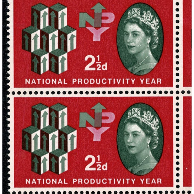 1962 NPY 2½d (phos). Cylinder block of 8 with good constant variety.