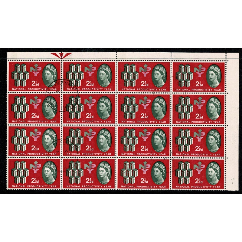 1962 NPY 2½d (phos). positional  block of 16 with three  listed varieties, arrow and emblem retouches.