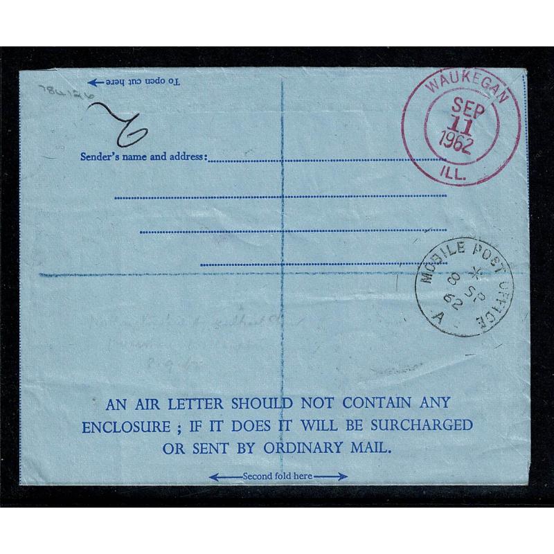 1960-62 6d Airletter. Upgraded 1/6. Mobile Post Office Cancel. To USA. with cert. of posting.