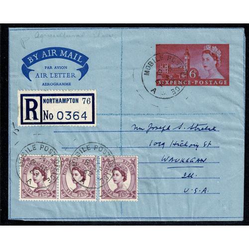 1960-62 6d Airletter. Upgraded 1/6. Mobile Post Office Cancel. To USA. with cert. of posting.