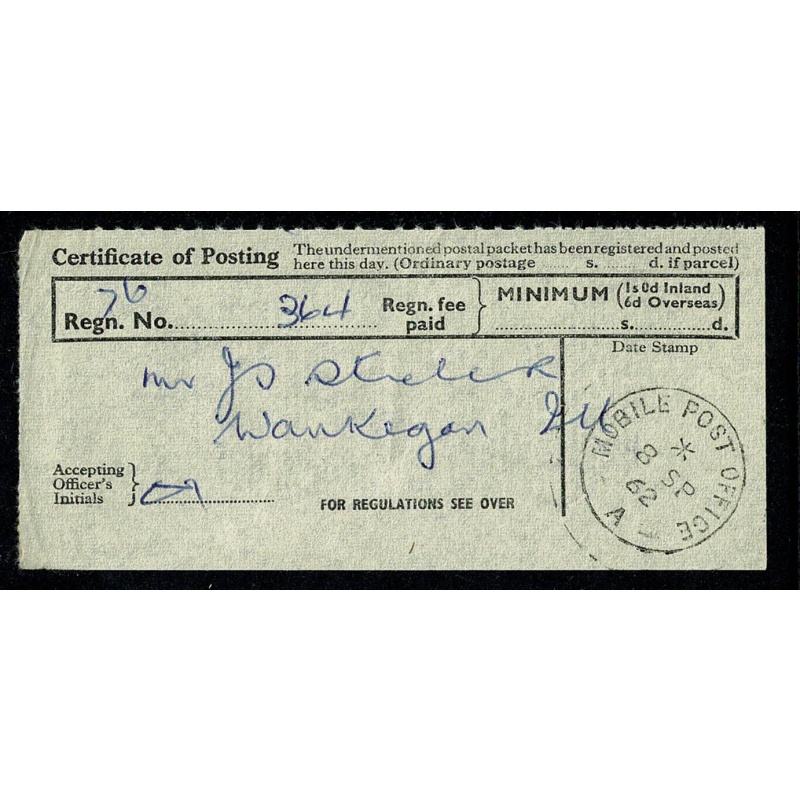 1960-62 6d Airletter. Upgraded 1/6. Mobile Post Office Cancel. To USA. with cert. of posting.