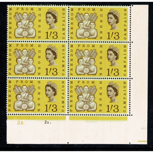 1963 Freedom From Hunger 1/3 (ord) Cylinder 2E 2G dot block of six SG 635