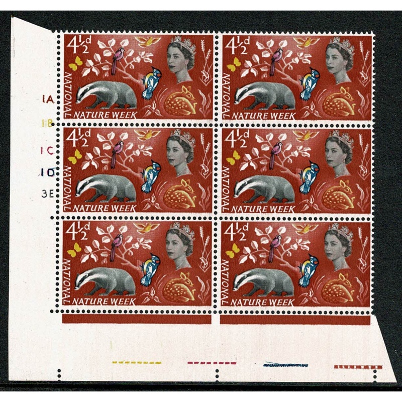 1963 Nature Week 4½d (ord). Row 18/19 Cyl. 1A 1B 1C 1D 3E block of six