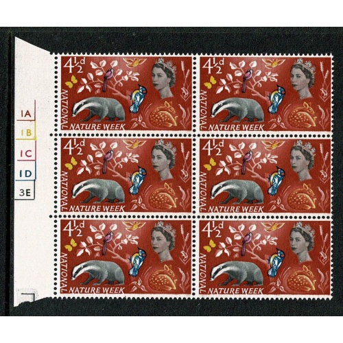 1963 Nature Week 4½d (ord). Row 12/13 Cyl. 1A 1B 1C 1D 3E no dot block of six