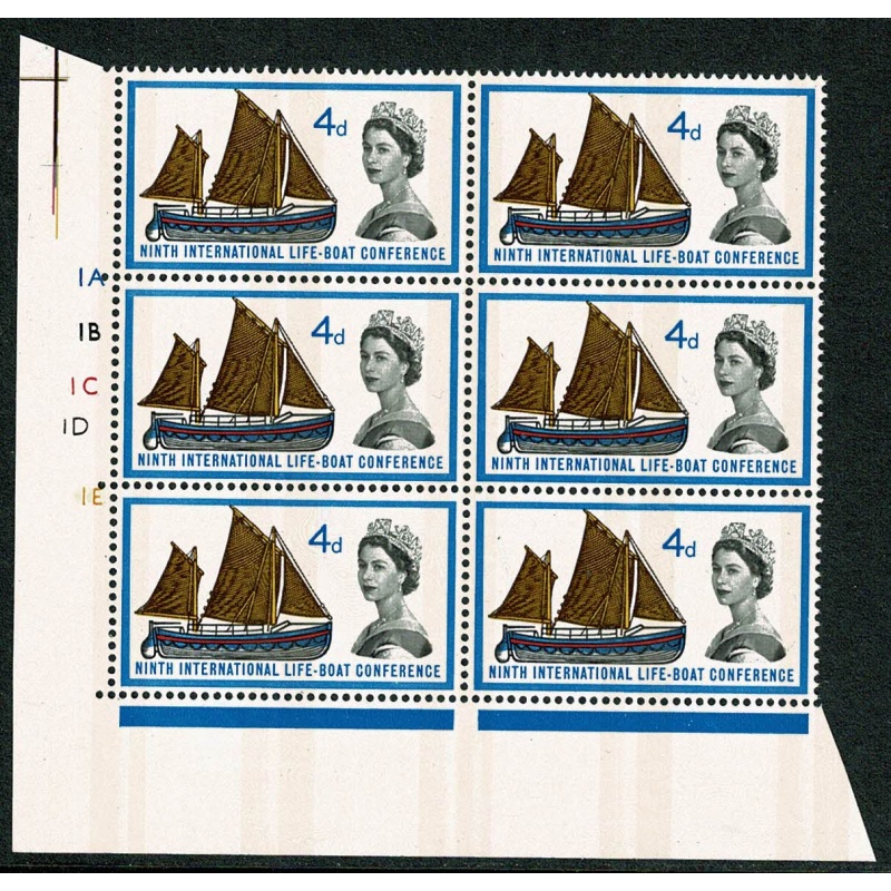 1963 Lifeboats 4d (phos). Row 19 Cyl. 1A 1B 1C 1D 1E  no dot block of six