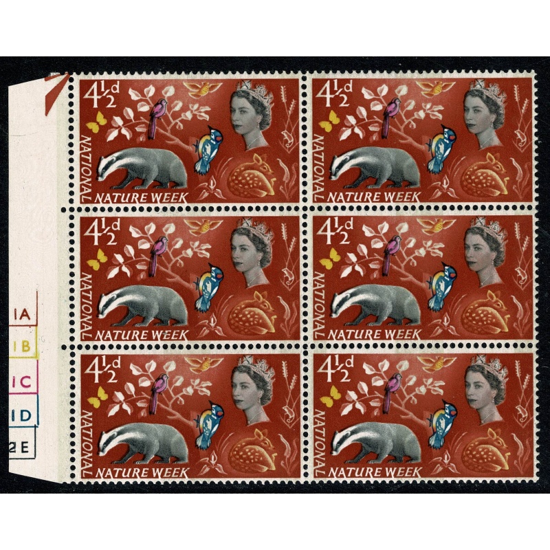 1963 Nature Week 4½d (phos). Row 12/13 Cyl. 1A 1B 1C 1D 2E block of six