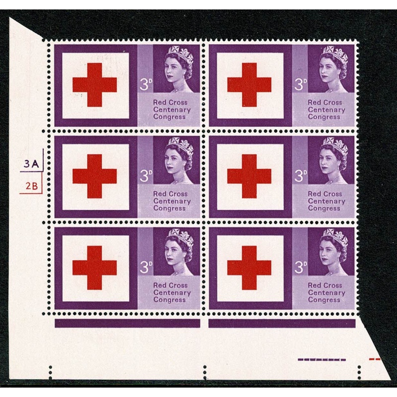1963 Red Cross 3d (ord). Cyl. 3A 2B  no dot block of six.