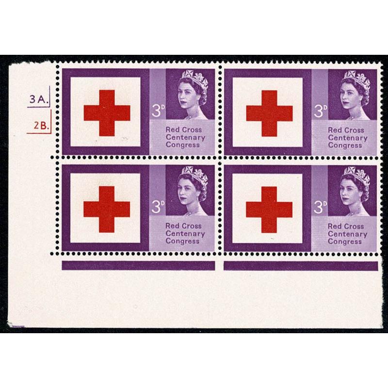 1963 Red Cross 3d (ord). Cyl. 3A 2 dot cylinder block of four. Contains listed variety.