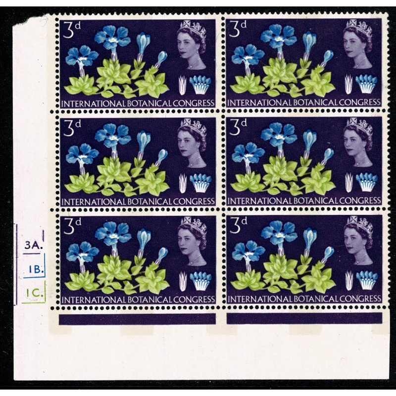 1964 Botanical Congress 3d (phos). Cylinder 3A 1B 1C dot block of six. SG 655p