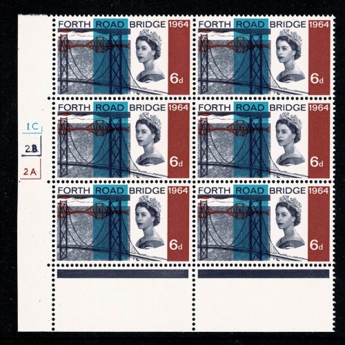 1964 Forth Road Bridge 6d (ord). Cyl. 1C 2B 2A no dot block of six. Scarcer Perf. Type A(T) (E/P)