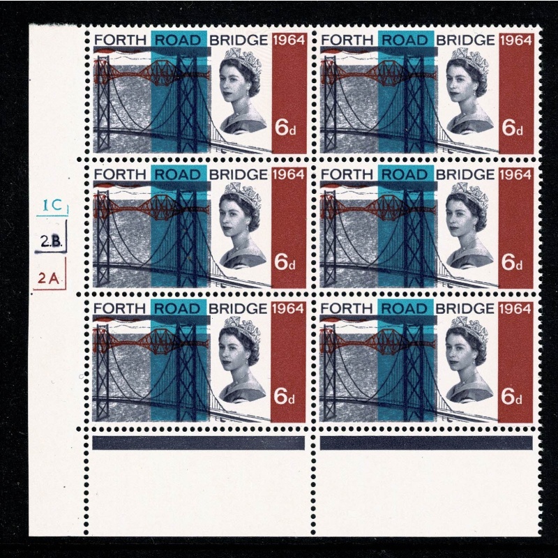 1964 Forth Road Bridge 6d (ord). Cyl. 1C 2B 2A no dot block of six. Scarcer Perf. Type A(T) (E/P)