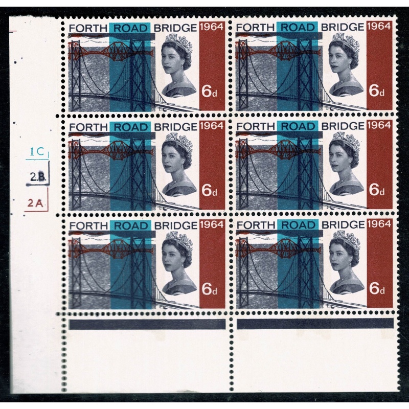 1964 Forth Road Bridge (phos). Cylinder 2C 2B 2A no dot block of six. SG 660p