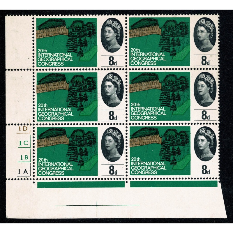 1964 Geographical Congress 8d (ord). Cyl. 1D 1C 1B 1A  no dot block of 6. Perf. Type F  (P/E) BLACK BLADE FLAWS top row.