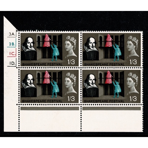 1964 Shakespeare 1/3 (ord). Cyl. 3A 2B 1C 1D dot block of four. SG 648