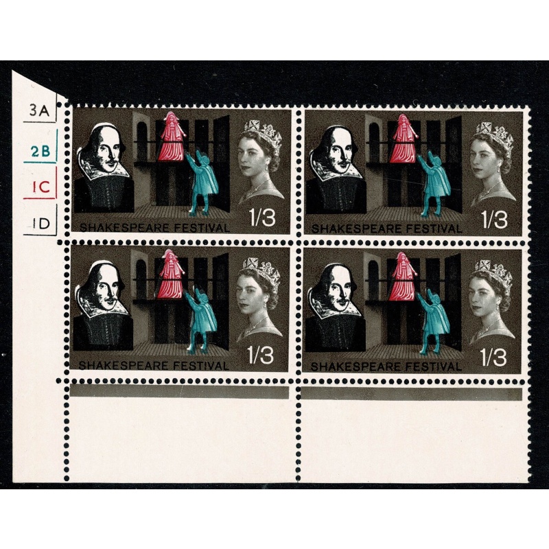 1964 Shakespeare 1/3 (ord). Cyl. 3A 2B 1C 1D no dot block of four. SG 648