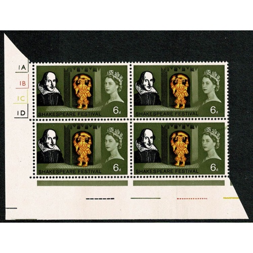 1964 Shakespeare 6d (ord). Cyl. 1A1B1C1D no dot block of four.