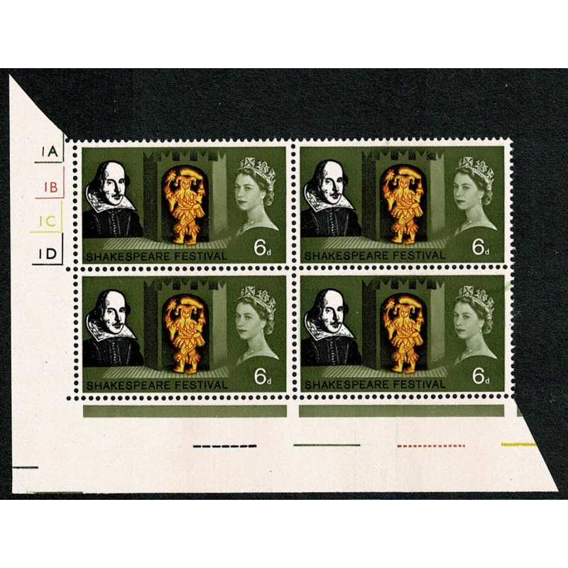 1964 Shakespeare 6d (ord). Cyl. 1A1B1C1D no dot block of four.