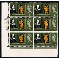 1964 Shakespeare 6d (phos) Cylinder 1A 1B 1C 1D no dot block of six. SG 647